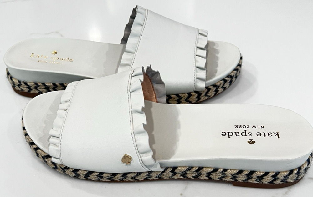 Kate Spade NY Ivory Leather Ruffle Slides Women’s Size 7M Jute Platform Sandals